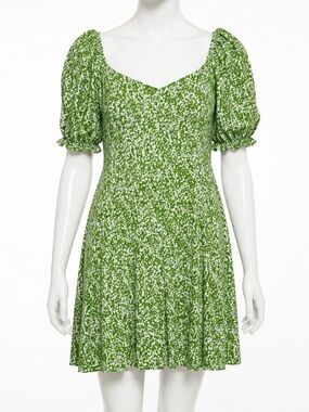 NWT Abercrombie & Fitch Puff Sleeve Smocked Mini Dress Green White Abstract - L